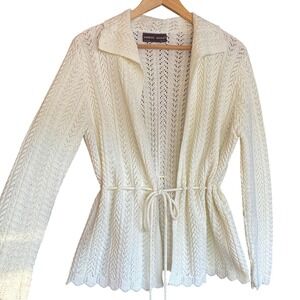 Vintage 1970s Crochet Lace Cinch Waist Tie Cardigan Sweater Medium Boho Cottage